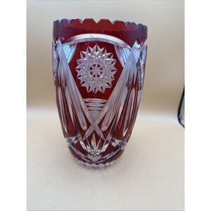 CRANBERRY Red Pink Large Vase Cut-to-Clear Lead Crystal Bohemian